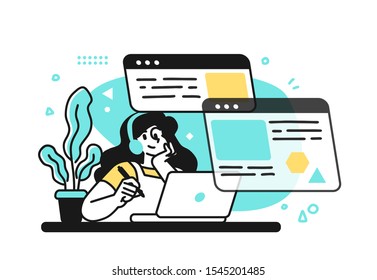 Online Education Courses Concept illustration. Smiling student satisfied with learning during online courses using netbook. Outline vector Style.