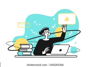 Online Education Courses Concept illustration. Smiling student satisfied with learning during online courses using netbook. Outline vector Style.