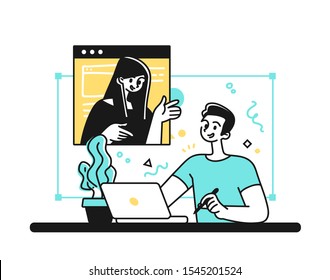 Online Education Courses Concept illustration. Smiling student satisfied with learning during online courses using netbook. Outline vector Style.