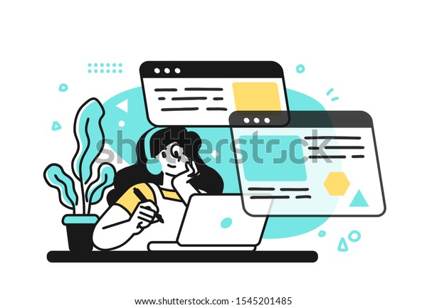 Online Education Courses Concept illustration.\
Smiling student satisfied with learning during online courses using\
netbook. Outline vector\
Style.