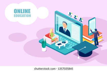 Online education and courses concept. Isometric vector of people students learning receiving college degrees using modern technologies 