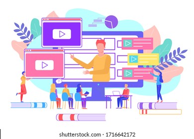 Konzept von Online-Bildungskursen, Vektorillustration-Illustration. Business Studium mit Lehrer, digitales Wissen. Die Schüler sitzen auf der Konferenz, schauen auf großen Bildschirm mit Mann, Informationen und Infografik.