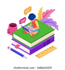 Online education courses or distance exam with isometric character internet course e-learning from home girl online studying on book and laptop isometric education concept isolated vector illustration