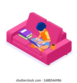 Online education courses or distance exam with isometric character internet course e-learning from home girl online studying on sofa with book and laptop isometric education concept isolated vector