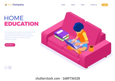 Online education courses or distance exam with isometric character internet course e-learning from home girl online studying on sofa with book and laptop landing page template isolated vector