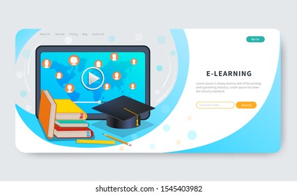 Cursos de educación en línea, educación a distancia, seminarios web, tutoriales. Plataforma de aprendizaje electrónico. Plantilla de diseño de página Web. Ilustración vectorial de diseño plano para banner, marketing y promoción