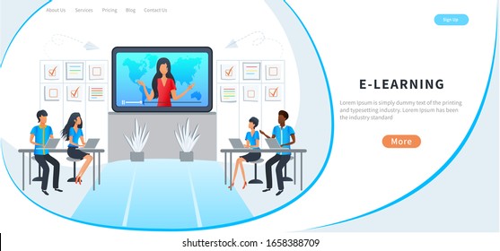 Online education courses, distance learning, webinar, tutorials. E-learning platform. Web page design template. Flat style vector illustration for website, banner, mobile app, promotion
