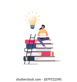 Online education or courses. Girl with laptop sits on books. Vector concept of distance learning.