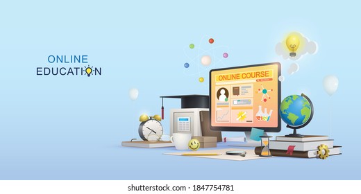 Online Education, Online Courses, Internet Classes, E-Learning, Online School, Study From Home, Graduation hat, Knowledge Concept Vector Illustration Background Perspective