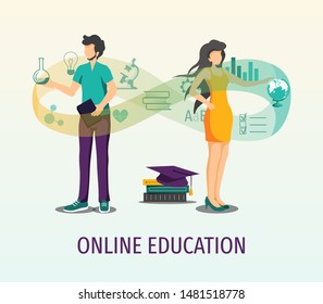 Online education, courses knowledge and e-learning concept. Young people and simple flat icons around. Vector illustration for poster, banner, cover, presentation, brochure.