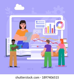 Online education, courses, lessons. Group of people stand near big screen, books. Modern vector illustration