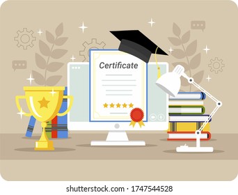 Online education, courses. Obtaining a diploma, online certificate. Graduation in college. A computer with a book, a cup and a graduation hat. Vector illustration in a flat style isolated.