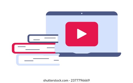 Online-Bildung, Kurse. Stapel von Büchern, Videos und Laptops. Lernen Sie aus dem Unterricht, studieren Sie. Online-Schulung. Play-Taste auf Notebook. Bücher, Enzyklopädien. Flaches Design. Vektorgrafik.