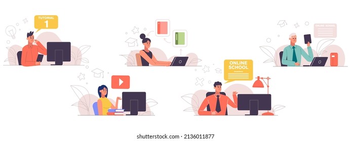 Online education, courses and training, e-learning concept. Male and female characters studying online vector illustration set. Online education and training scenes. Education training technology