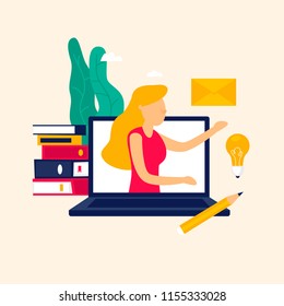 Online education, courses, training. Flat style vector illustration.