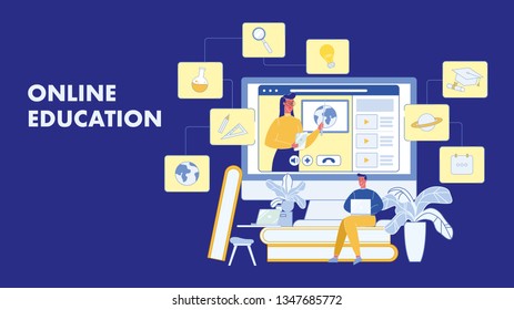 Online Education, Courses Vector Banner Layout. Distance Learning Poster with Text Space. Video Lesson, Tutorial. Webinar. Remote Work. Female Teacher Character. Man Working on Laptop at Home