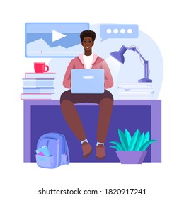 Educación en línea o cursos de concepto vectorial con estudiantes jóvenes negros estudiando en casa en internet. Formación virtual o ilustración de webinar con freelancer, laptop, libros. Bandera plana de educación en línea 