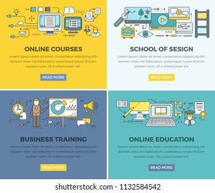 Online education courses web banners set. Business training and school of design square line art vector concepts with people pictogram and internet technology icon for educational company landing page