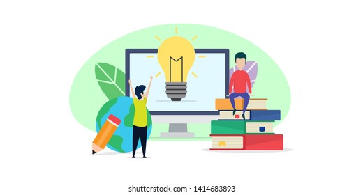 online education creative illustration vector of graphic , small people learning via internet smart phone and computer illustration vector , vector flat illustration for website landing page