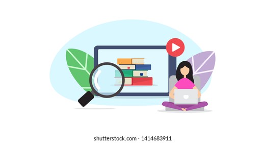 online education creative illustration vector of graphic , small people learning via internet smart phone and computer illustration vector , vector flat illustration for website landing page