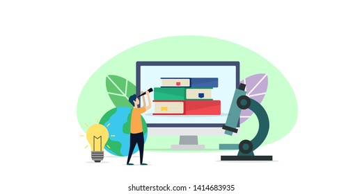 online education creative illustration vector of graphic , small people learning via internet smart phone and computer illustration vector , vector flat illustration for website landing page