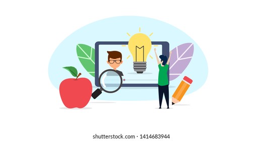 online education creative illustration vector of graphic , small people learning via internet smart phone and computer illustration vector , vector flat illustration for website landing page