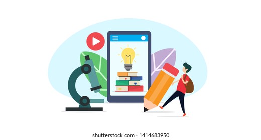 online education creative illustration vector of graphic , small people learning via internet smart phone and computer illustration vector , vector flat illustration for website landing page