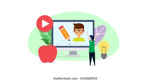online education creative illustration vector of graphic , small people learning via internet smart phone and computer illustration vector , vector flat illustration for website landing page