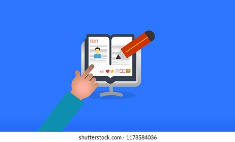 Online education, creative writing and storytelling, copy writing concept, editing text document, distant learning, vector illustration. Correct errors Proofreader checks transcription written text.