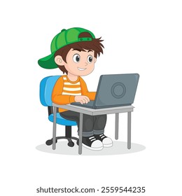 Online education cute school boy using a laptop