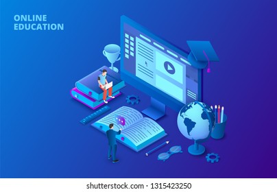 Online education design concept with computer, books and people. Isometric vector illustration. Landing page template for web.