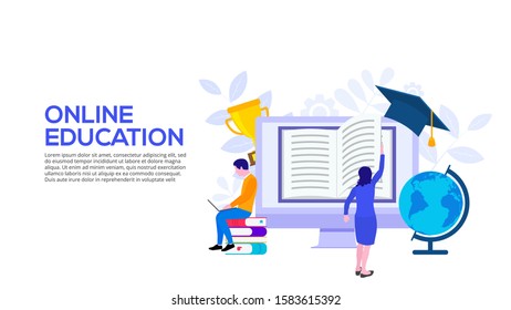 Online education design concept with computer, sitting man and woman turns the page. Flat vector illustration. Landing page template for web.