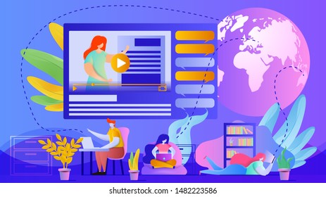 Online education design concept. Flat vector illustration depicting people studying remotely at home. E-learning, trainings, courses, lessons. Different characters learning online via their devices.