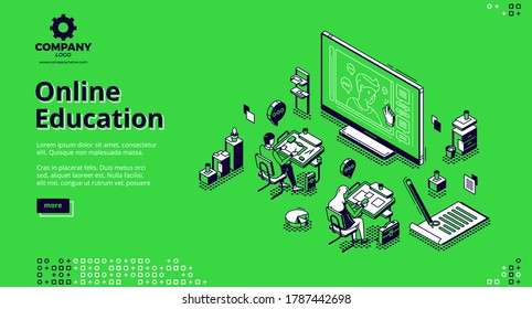 Online education design design concept green background with big monitor, school staff, office staff, education elements and business elements-simple isometric design