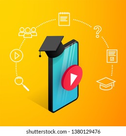 Online education design concept. Online learning, webinar, distance education, business training banner. Isometric smartphone with graduation cap and icons around on yellow gradient background