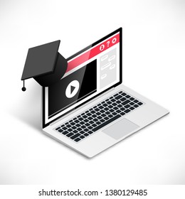Online education design concept. Online learning, webinar, distance education, business training banner. Isometric laptop with graduation cap isolated on white background. Vector illustration