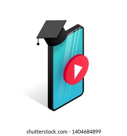 Online education design concept. Online learning, webinar, distance education, training banner. Isometric smartphone with graduation cap and video play button isolated on white background