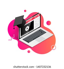 Online education design concept. Online learning, webinar, distance education, business training banner. Isometric laptop with graduation cap on fluid gradient shape background. Vector illustration