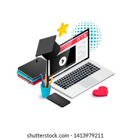 Online education design concept. Online learning, webinar, distance training banner. Isometric workplace with laptop, graduation cap, books, pencils, phone isolated on white. Vector illustration