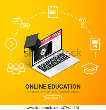 Online education design concept. Online learning, webinar, distance education, business training banner with text. Isometric laptop with graduation cap with icons around on yellow gradient background
