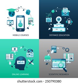 Online Education Design Concept Set With Mobile Courses Distance Learning Scientific Research Icons Isolated Vector Illustration