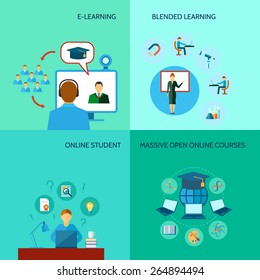 Online education design concept set with e-learning student courses flat icons isolated vector illustration