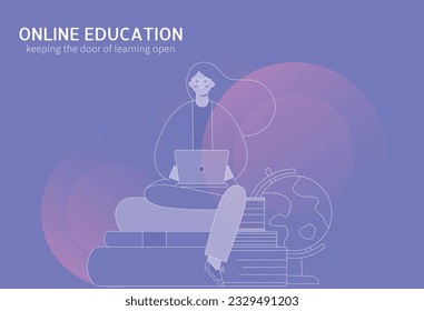Online Education design concept, vector flat illustration style. A girl with laptop. 