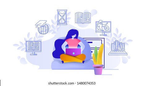 Online education design concept. A woman working on laptop and watching videos. Flat vector illustration depicting female character studying at home. Distance learning symbols and icons.