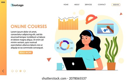Online education design concept. Young woman sit at laptop teaching, training or learning in online educational courses, university, school. E-learning digital resource, platform. Vector illustration