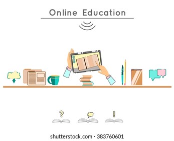 Online education design template web page with books and tablets. Education, graduation, training material study, reading  book, back in school. Flat design learning concept, website elements layout.