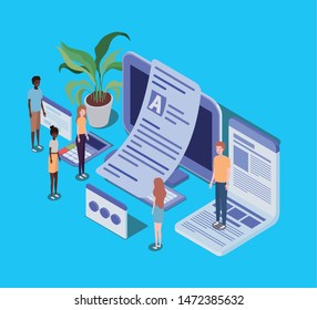 online education with desktop and mini people