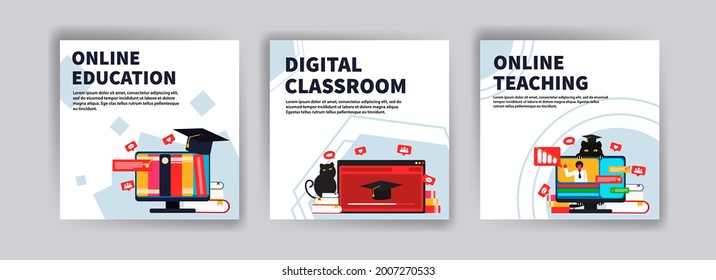 Educación en línea. Aula digital. Enseñanza en línea. Concepto moderno de ilustración vectorial para publicaciones en medios sociales, postales, tarjetas, afiches, sitios web y desarrollo móvil.	