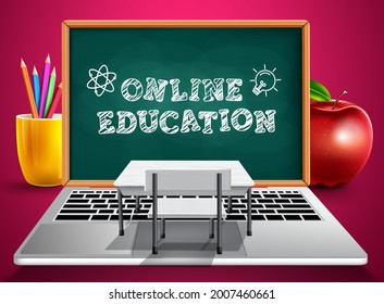 Online education digital classroom vector design. Online education text in chalkboard and laptop with chair and desk element for e-learning study on computer device. Vector illustration
