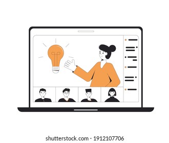 Online Education. Digital Learning. Female Teacher And Teenagers Students In Virtual Classroom Have A Brainstorm Meeting. Video Logic Lesson. Vector Line Art Concept Illustration.